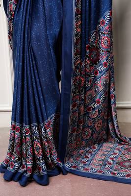 Traditional ajrakh printed border satin silk saree for women 5