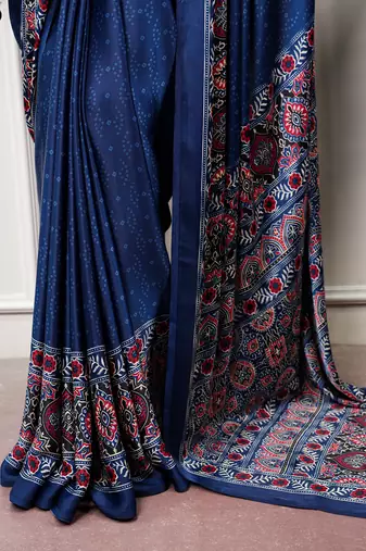 Traditional ajrakh printed border satin silk saree for women