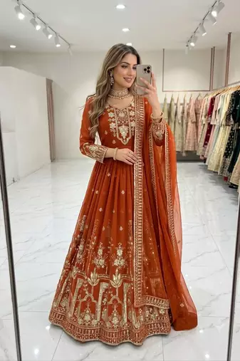 orange color embroidery sequin work faux georgette gown set
