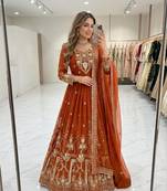 orange color embroidery sequin work faux georgette gown set