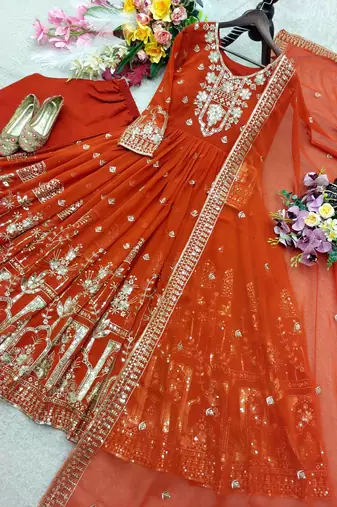 orange color embroidery sequin work faux georgette gown set