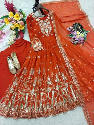 orange color embroidery sequin work faux georgette gown set 3