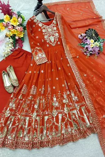 orange color embroidery sequin work faux georgette gown set