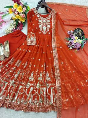 orange color embroidery sequin work faux georgette gown set 4