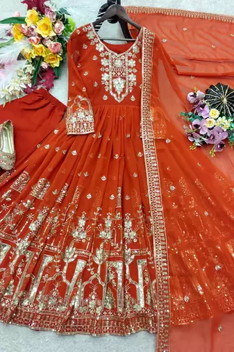 orange color embroidery sequin work faux georgette gown set