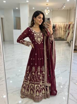 wine color embroidery sequin work faux georgette gown set 1