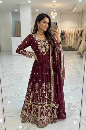 wine color embroidery sequin work faux georgette gown set