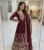 wine color embroidery sequin work faux georgette gown set