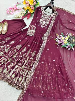 wine color embroidery sequin work faux georgette gown set 2