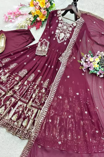 wine color embroidery sequin work faux georgette gown set