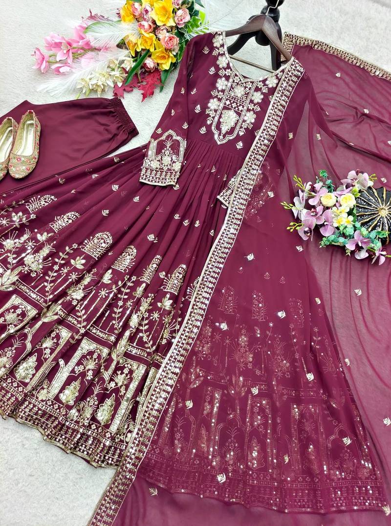 wine color embroidery sequin work faux georgette gown set