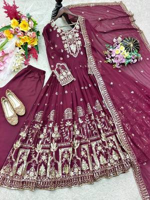 wine color embroidery sequin work faux georgette gown set 3