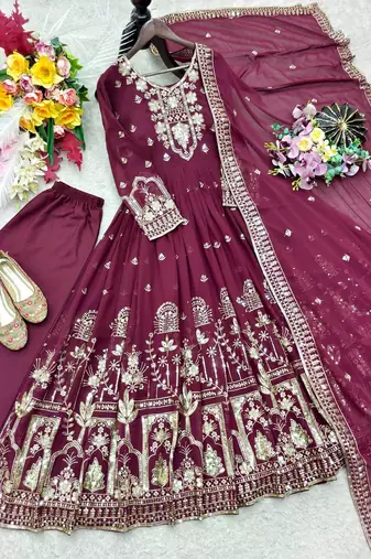 wine color embroidery sequin work faux georgette gown set