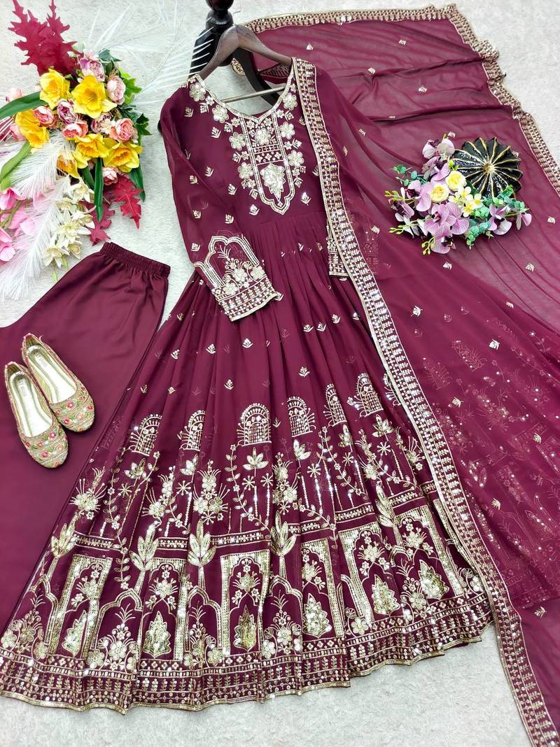 wine color embroidery sequin work faux georgette gown set