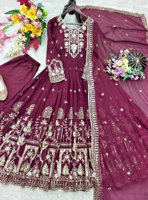 wine color embroidery sequin work faux georgette gown set 4