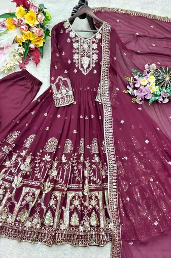 wine color embroidery sequin work faux georgette gown set