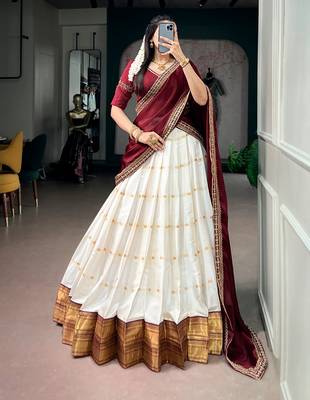 Silk Cotton Zari Woven Half Saree Lehenga Choli with Embroidered Dupatta 1