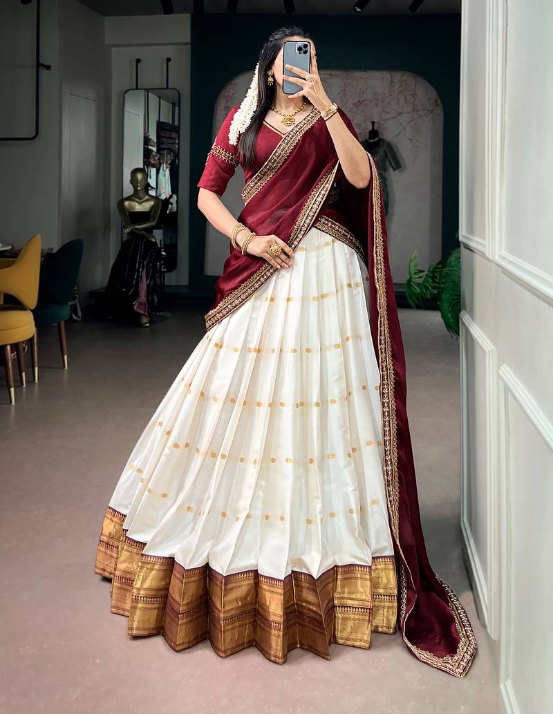 Silk Cotton Zari Woven Half Saree Lehenga Choli with Embroidered Dupatta