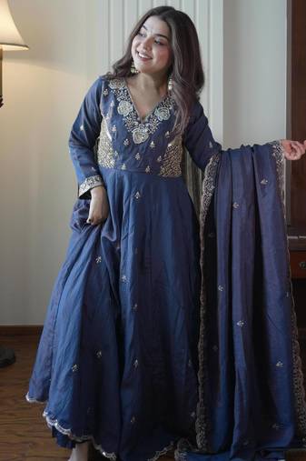 Navy vichitra readymade anarkali suit with beads sequence & embroidery work