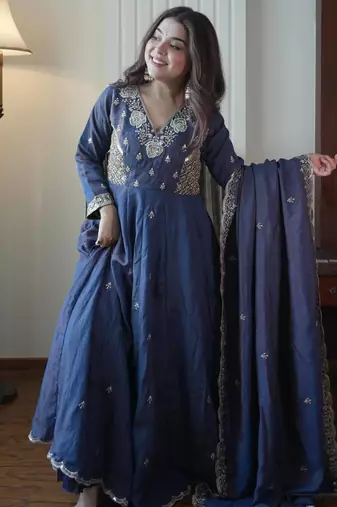 Navy vichitra readymade anarkali suit with beads sequence & embroidery work