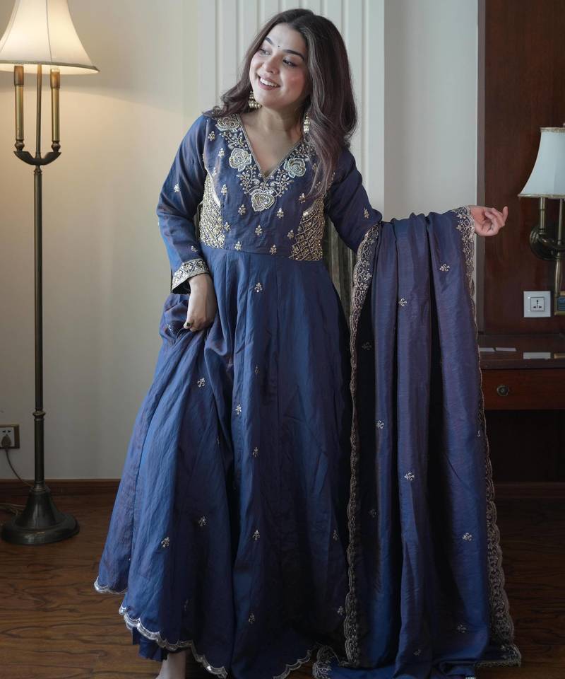 Navy vichitra readymade anarkali suit with beads sequence & embroidery work