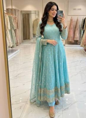 sky blue color embroidery sequin work silk blend gown set 1