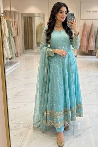 sky blue color embroidery sequin work silk blend gown set