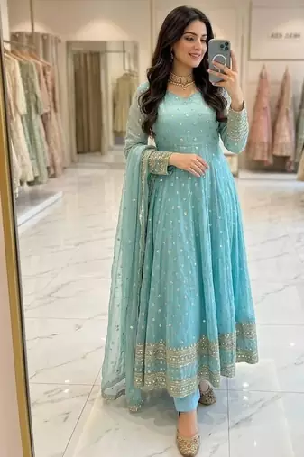 sky blue color embroidery sequin work silk blend gown set