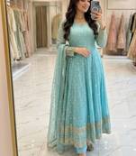 sky blue color embroidery sequin work silk blend gown set