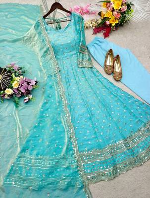 sky blue color embroidery sequin work silk blend gown set 2