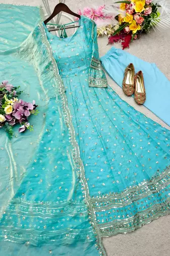 sky blue color embroidery sequin work silk blend gown set