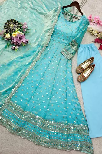 sky blue color embroidery sequin work silk blend gown set