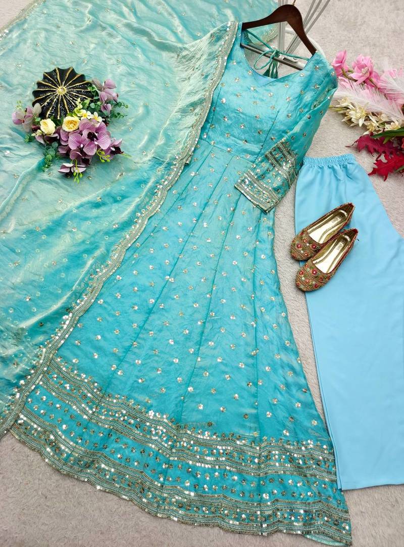 sky blue color embroidery sequin work silk blend gown set