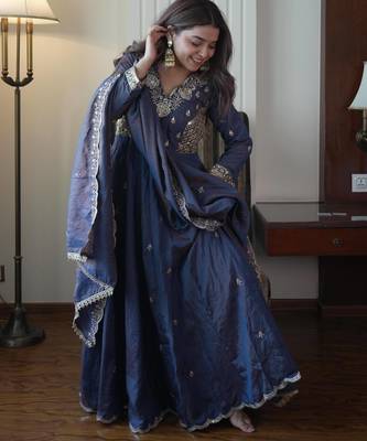Navy vichitra readymade anarkali suit with beads sequence & embroidery work 2