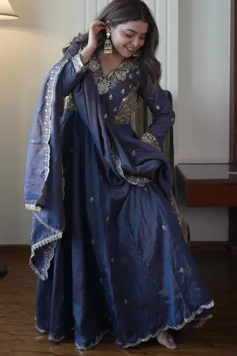 Navy vichitra readymade anarkali suit with beads sequence & embroidery work