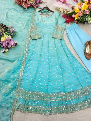 sky blue color embroidery sequin work silk blend gown set 4