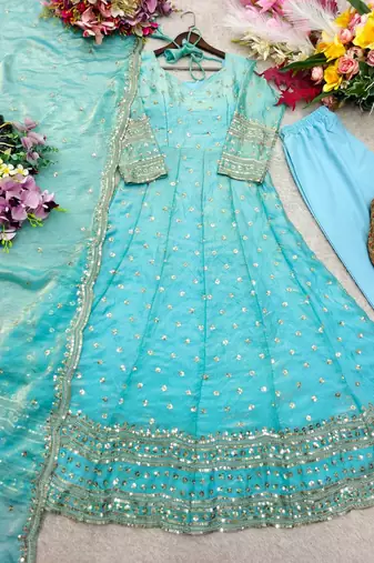 sky blue color embroidery sequin work silk blend gown set