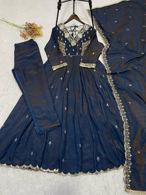 Navy vichitra readymade anarkali suit with beads sequence & embroidery work 3