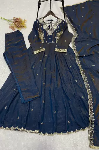 Navy vichitra readymade anarkali suit with beads sequence & embroidery work