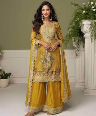 Yellow chinon readymade plazzo suit with embroidery work 1