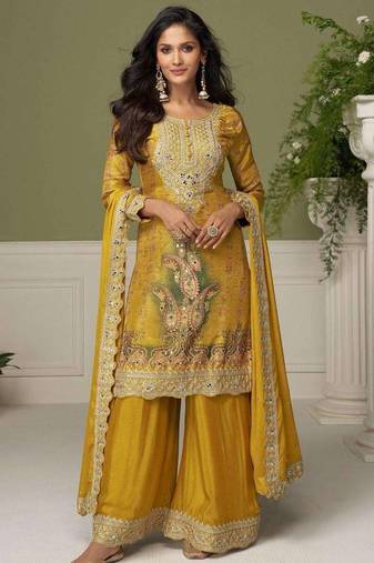 Yellow chinon readymade plazzo suit with embroidery work