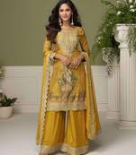 Yellow chinon readymade plazzo suit with embroidery work