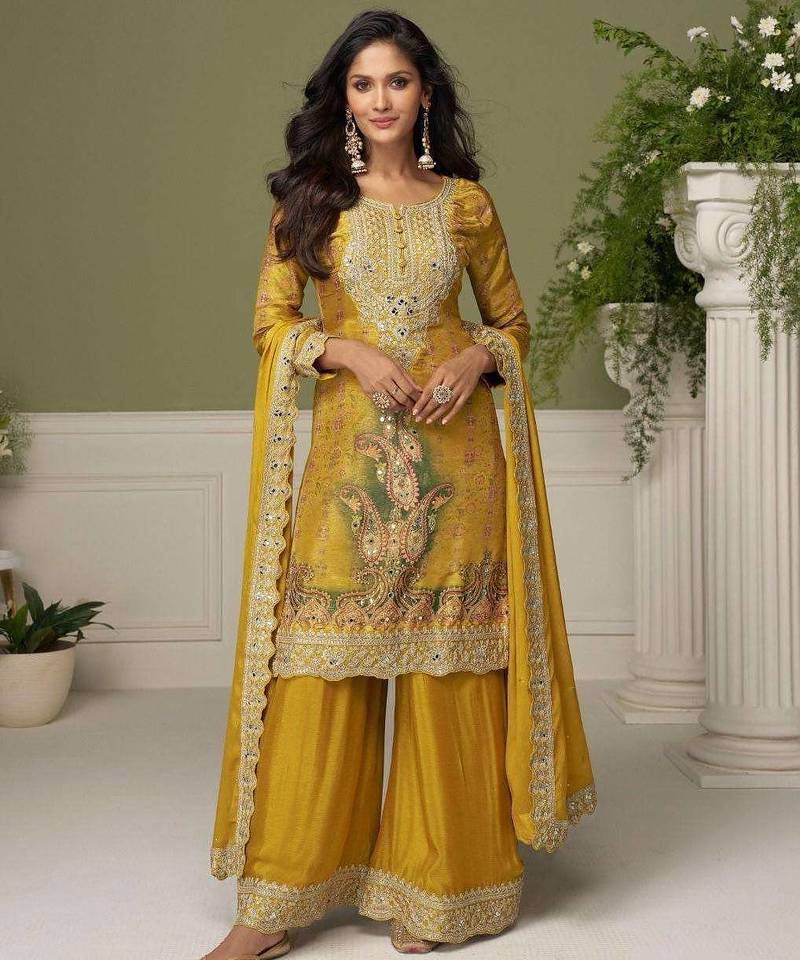 Yellow chinon readymade plazzo suit with embroidery work