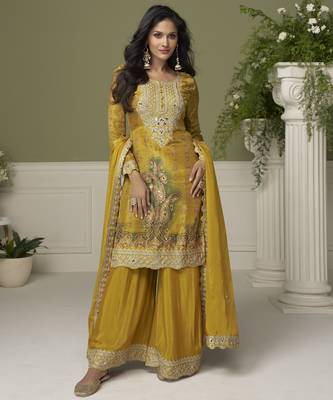 Yellow chinon readymade plazzo suit with embroidery work 3