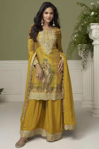 Yellow chinon readymade plazzo suit with embroidery work