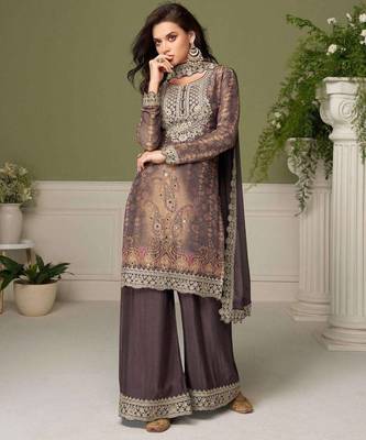 Grey chinon readymade plazzo suit with embroidery work 1