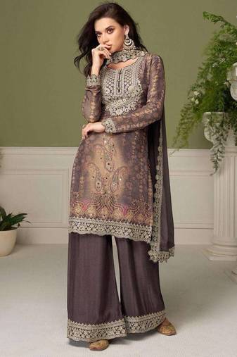 Grey chinon readymade plazzo suit with embroidery work