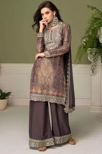Grey chinon readymade plazzo suit with embroidery work