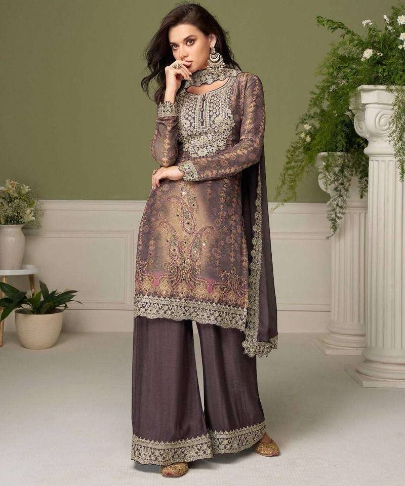 Grey chinon readymade plazzo suit with embroidery work