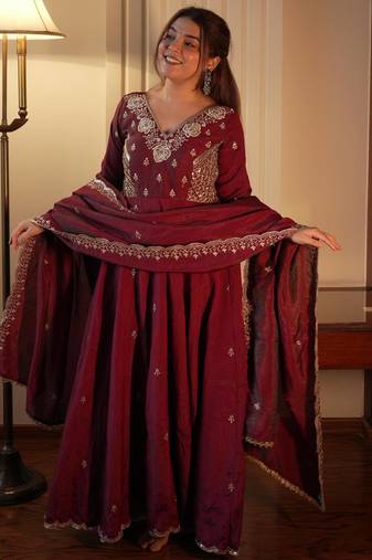 Brown vichitra readymade anarkali suit with beads sequence & embroidery work